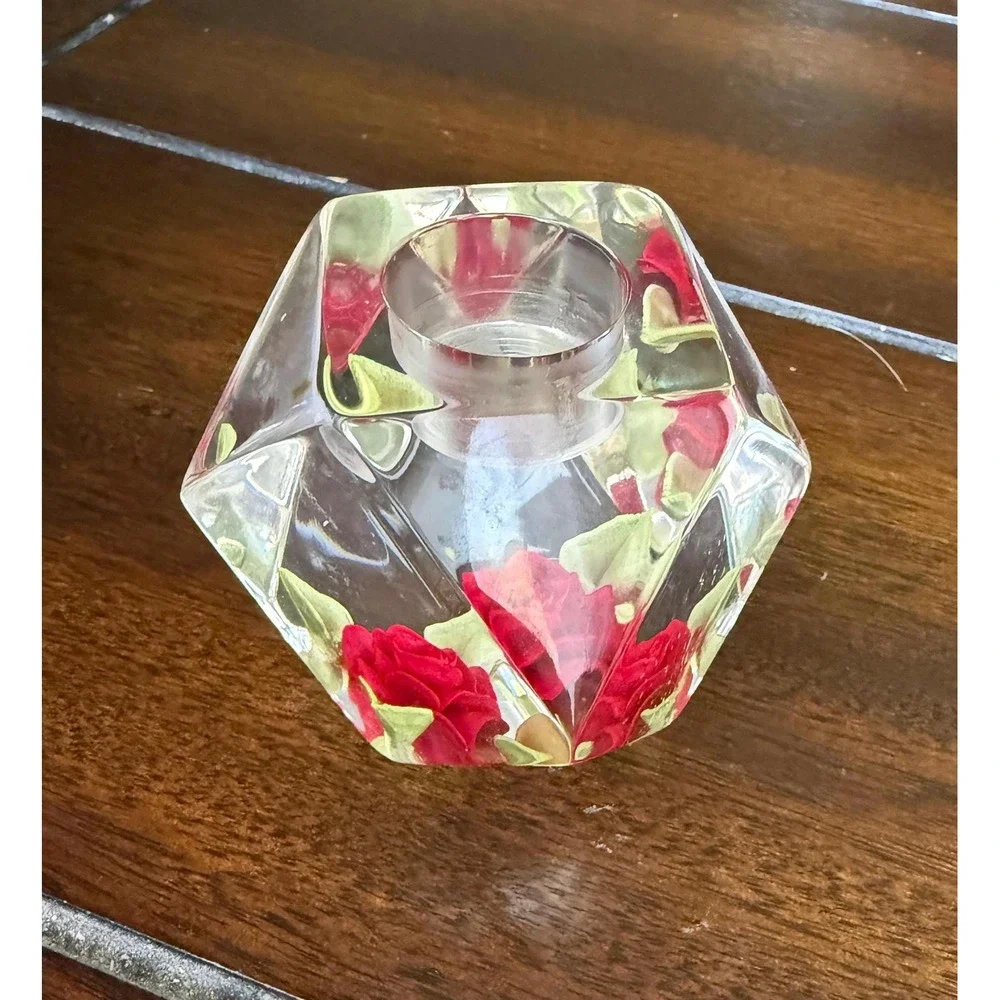 Birdcraft MCM Lucite Red Rose Candle Holders Vintage Geometric Set of 2